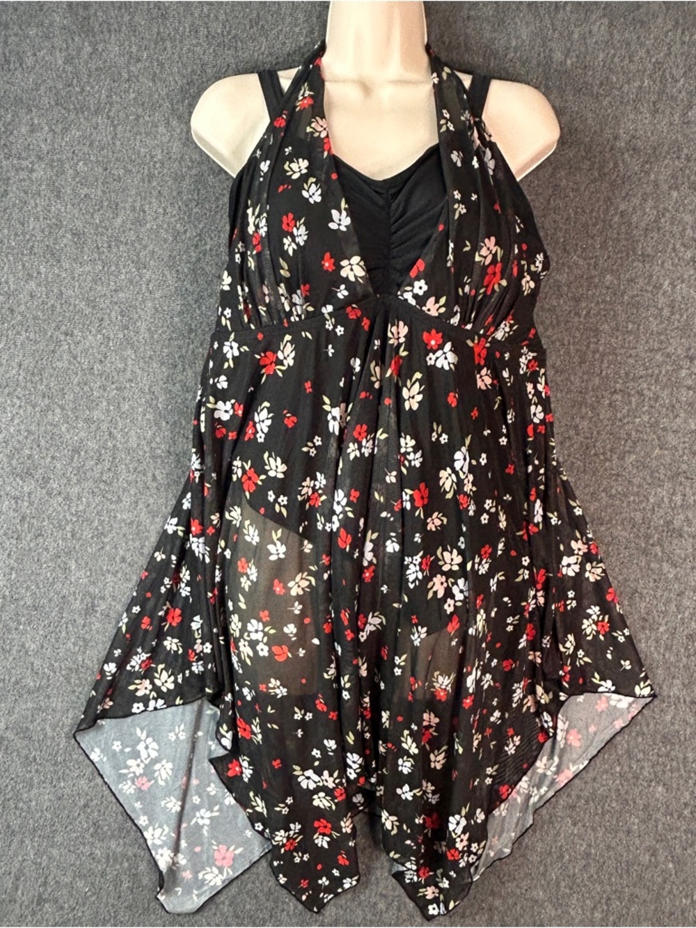 BloomChic Swimsuit Dress Womens 18-20 Black Floral Sheer Handkerchief Hem Plus